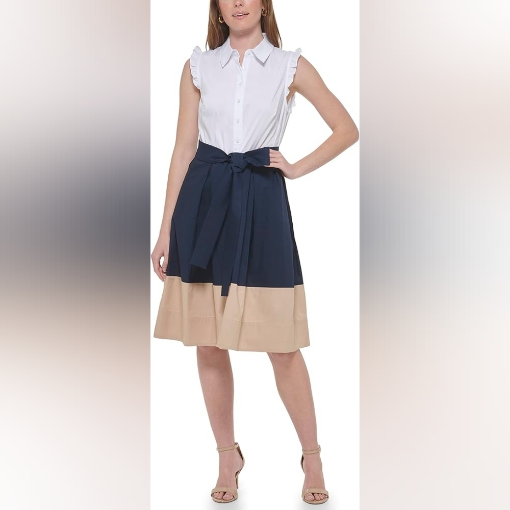 Tommy Hilfiger Navy and Beige Tie-Waist Colorblock Midi Dress